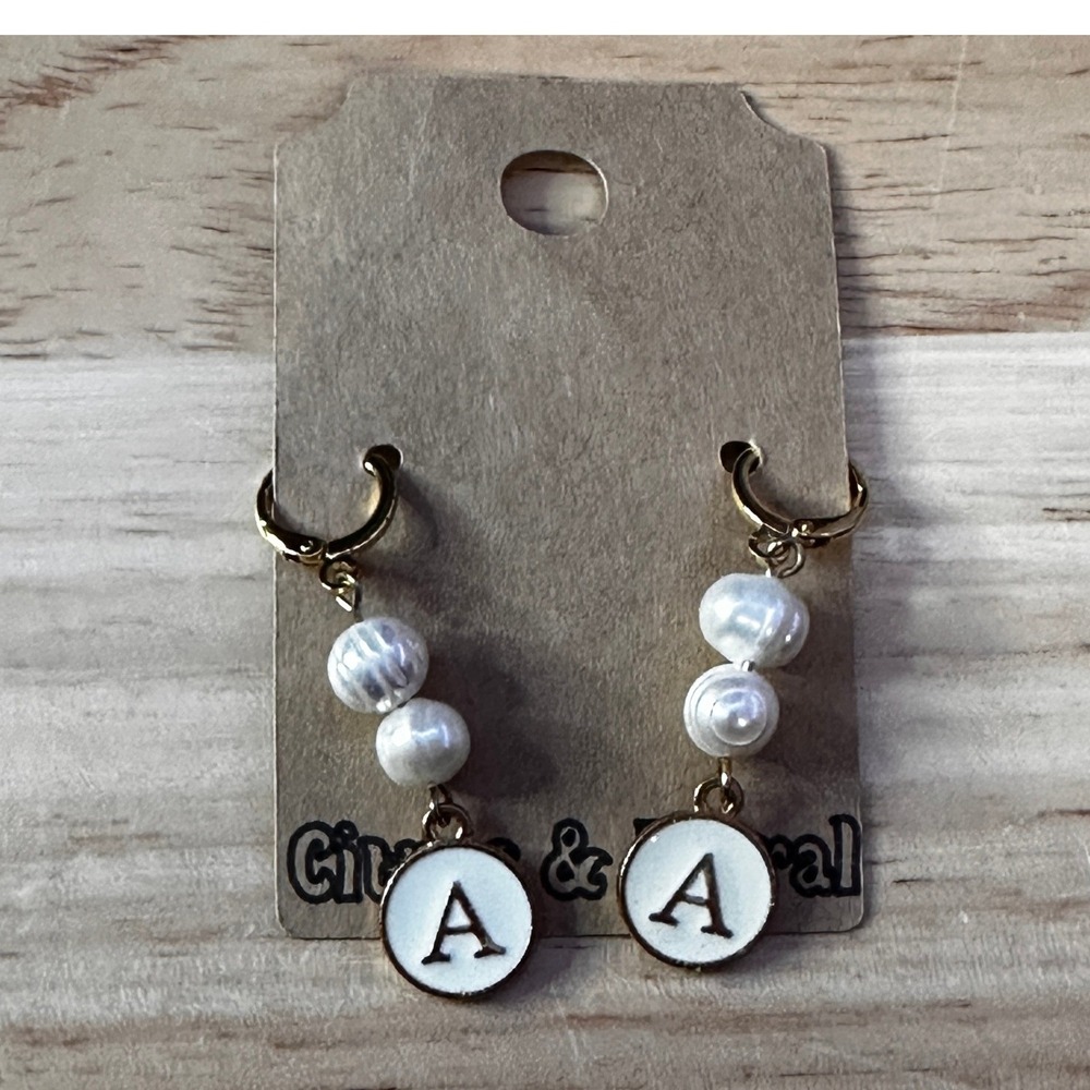 Citrus & Floral Gold Tone White Pearl Initial A Enamel Dangle Huggie Earrings